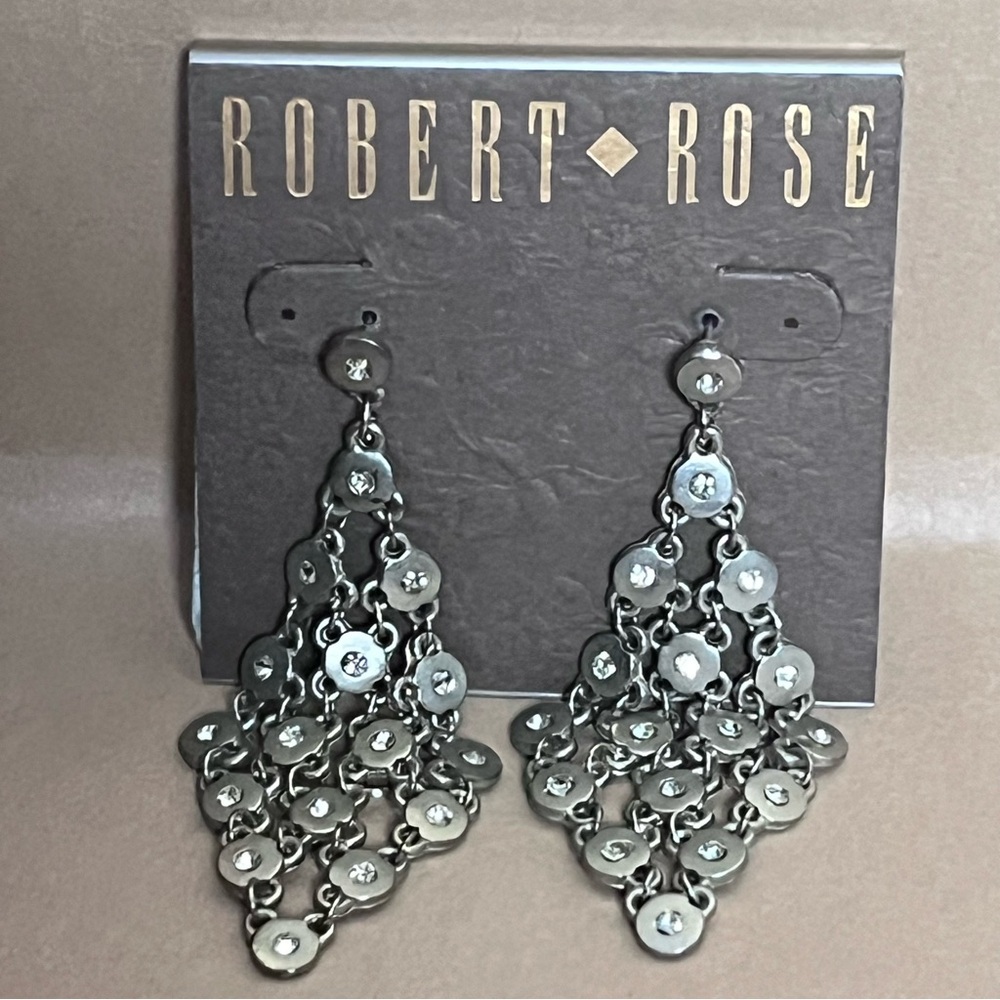 NWT ROBERT ROSE Dull Gold Tone Chandelier Earrings With Stones